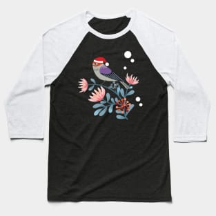 Pretty Holiday Flowers and Finch in Christmas Santa Hat Baseball T-Shirt